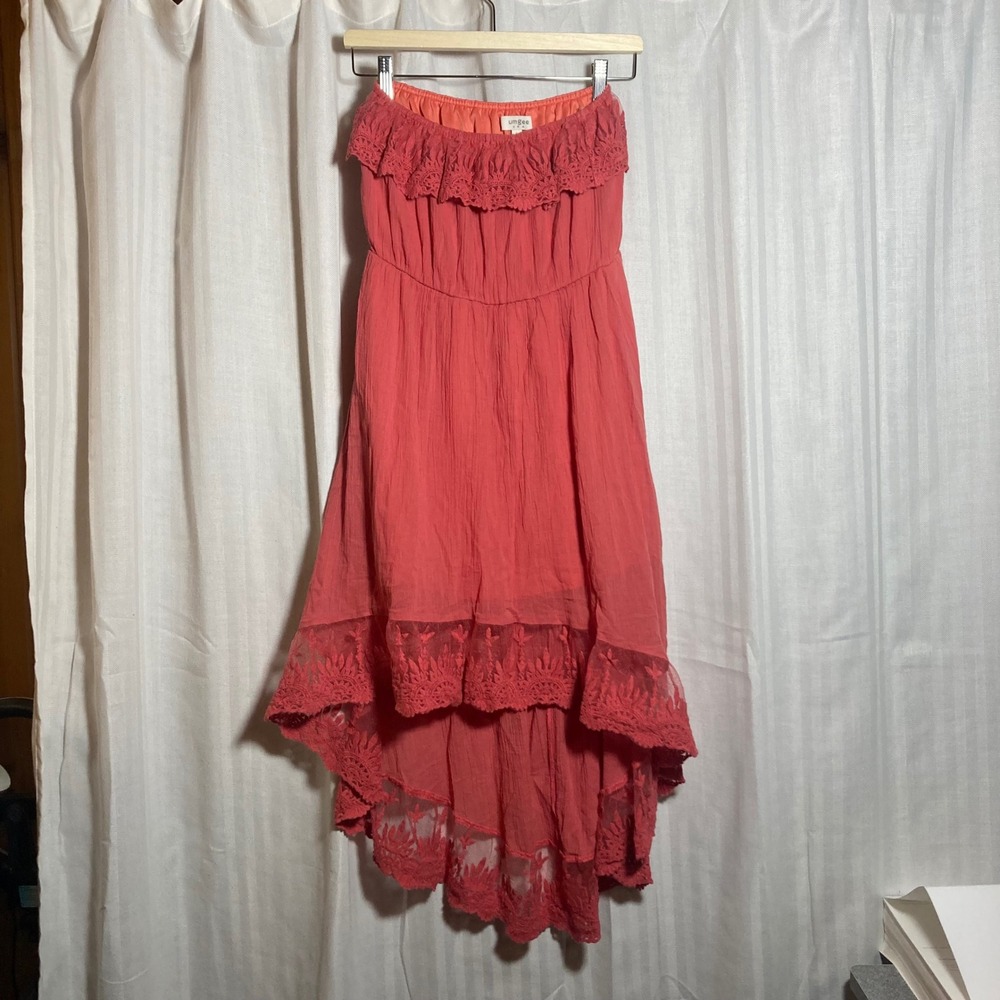 Umgee USA Coral Pink Strapless‎ High-Low Lace Trim Boho Dress S Beach Festival
